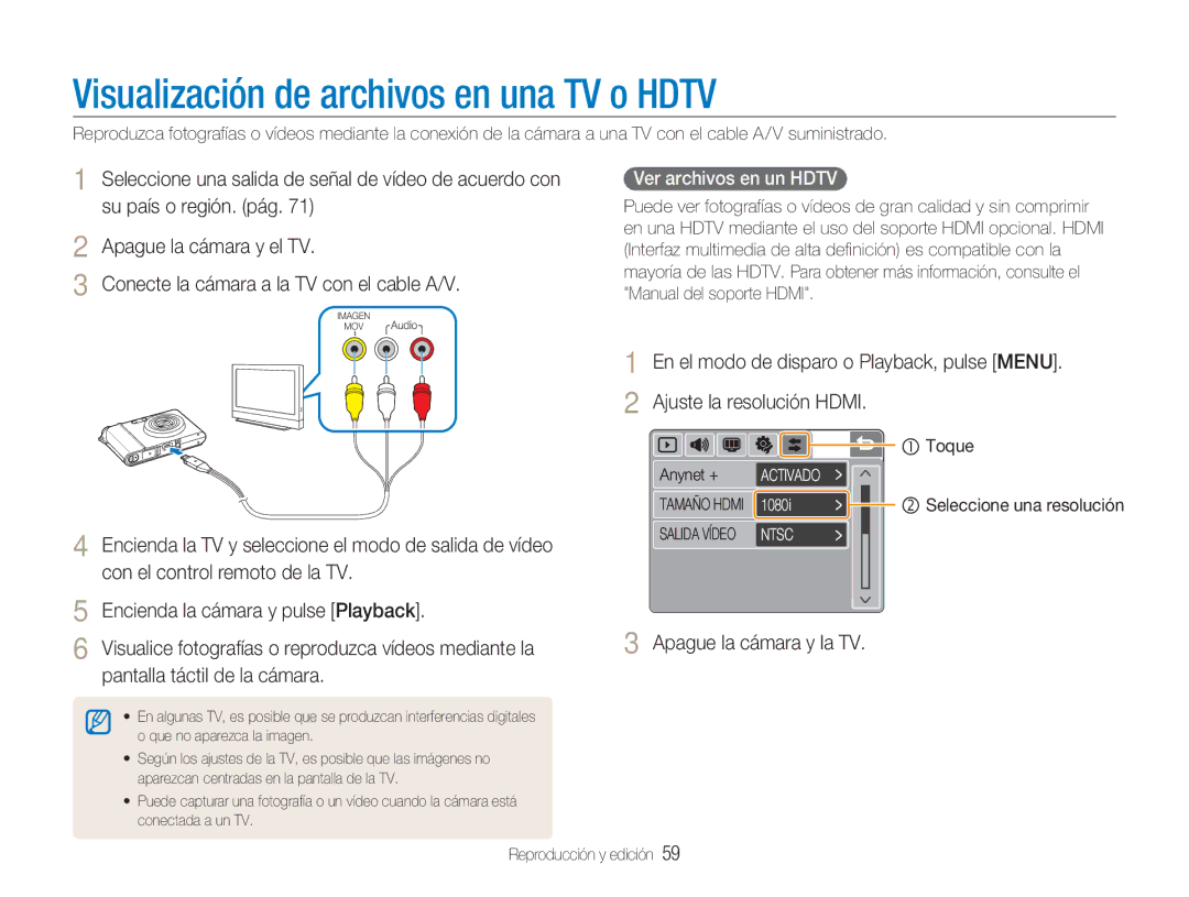 Samsung EC-NV100SBA/E1 manual Visualización de archivos en una TV o Hdtv, Apague la cámara y la TV, Ver archivos en un Hdtv 