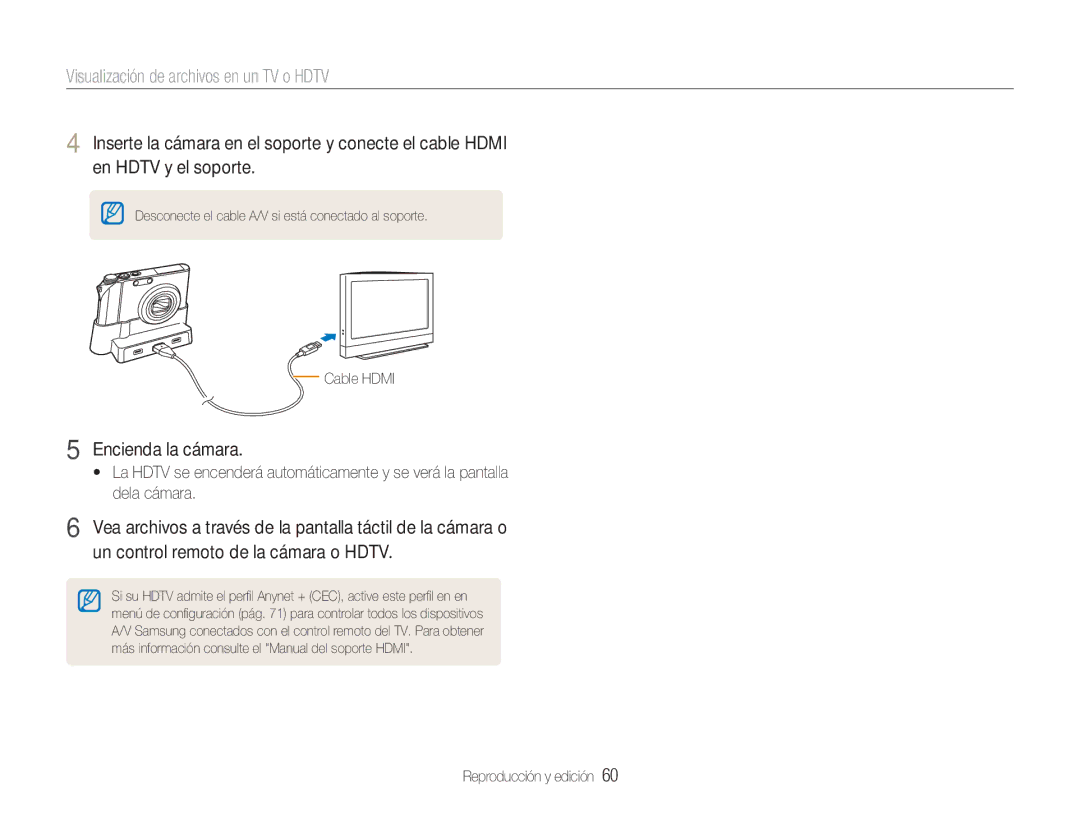 Samsung EC-NV100SFB/E1, EC-NV100SBA/E1 manual Visualización de archivos en un TV o Hdtv, Encienda la cámara, Cable Hdmi 