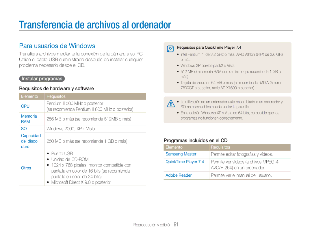 Samsung EC-NV100RBA/E1 manual Transferencia de archivos al ordenador, Para usuarios de Windows, Instalar programas 