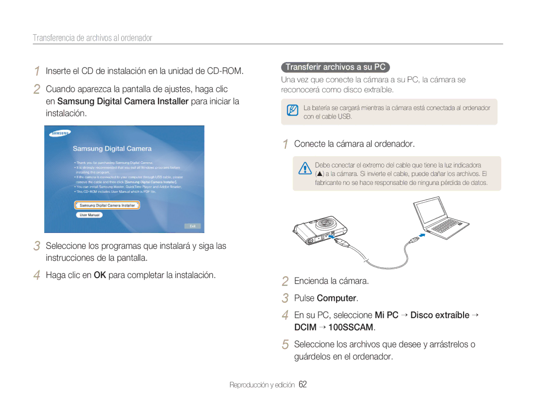 Samsung EC-NV100BBA/E1 Transferencia de archivos al ordenador, Conecte la cámara al ordenador, Transferir archivos a su PC 