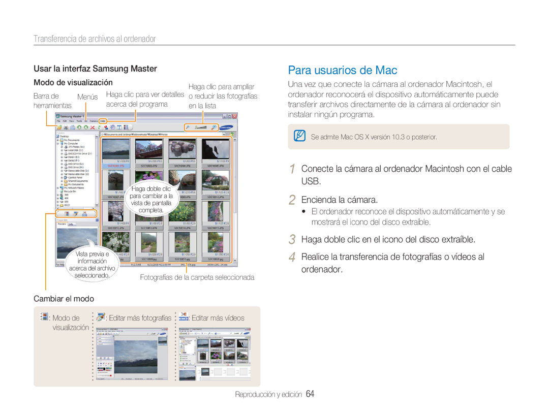 Samsung EC-NV100SFB/E1, EC-NV100SBA/E1 Para usuarios de Mac, Conecte la cámara al ordenador Macintosh con el cable USB 