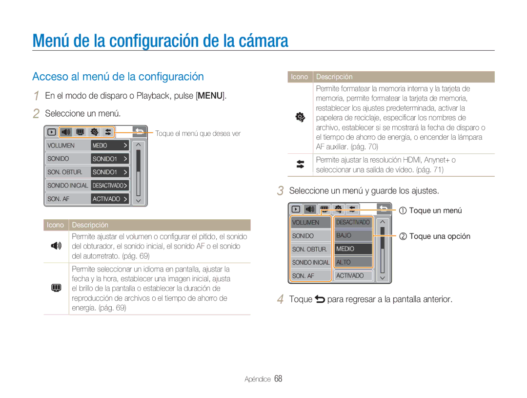 Samsung EC-NV100SFB/E1, EC-NV100SBA/E1 manual Menú de la conﬁguración de la cámara, Acceso al menú de la conﬁguración 