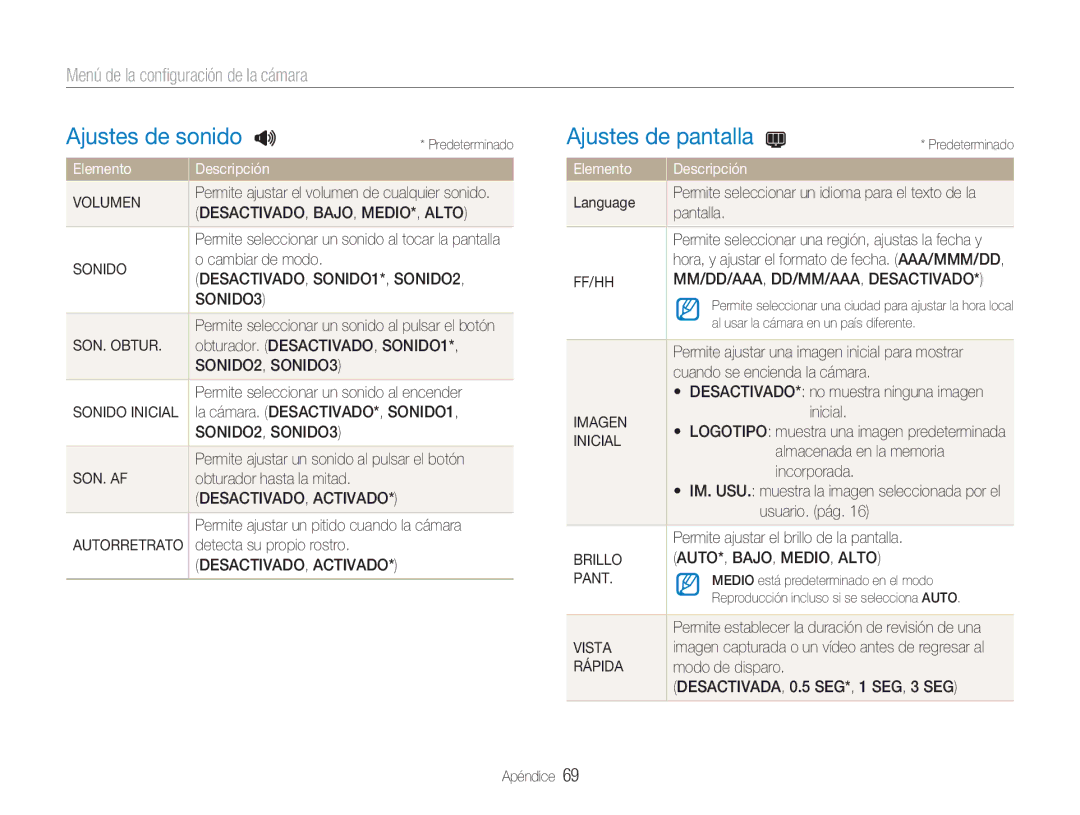 Samsung EC-NV100RBA/E1, EC-NV100SBA/E1 manual Ajustes de sonido, Ajustes de pantalla, Menú de la conﬁguración de la cámara 