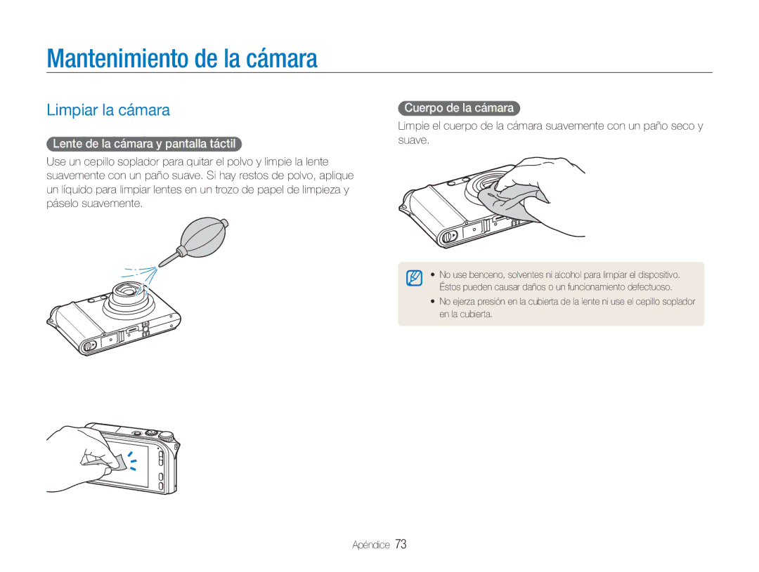 Samsung EC-NV100RBA/E1, EC-NV100SBA/E1 Mantenimiento de la cámara, Limpiar la cámara, Lente de la cámara y pantalla táctil 