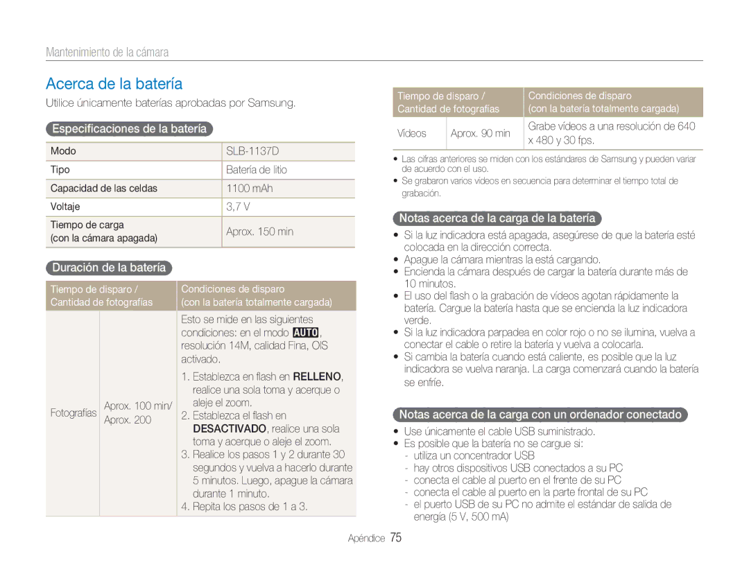 Samsung EC-NV100SBA/E1, EC-NV100SFB/E1 manual Acerca de la batería, Especiﬁcaciones de la batería, Duración de la batería 