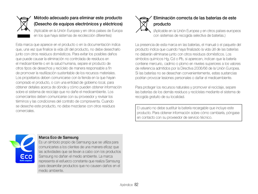 Samsung EC-NV100BBA/E1, EC-NV100SBA/E1, EC-NV100SFB/E1, EC-NV100RBA/E1 Eliminación correcta de las baterías de este producto 