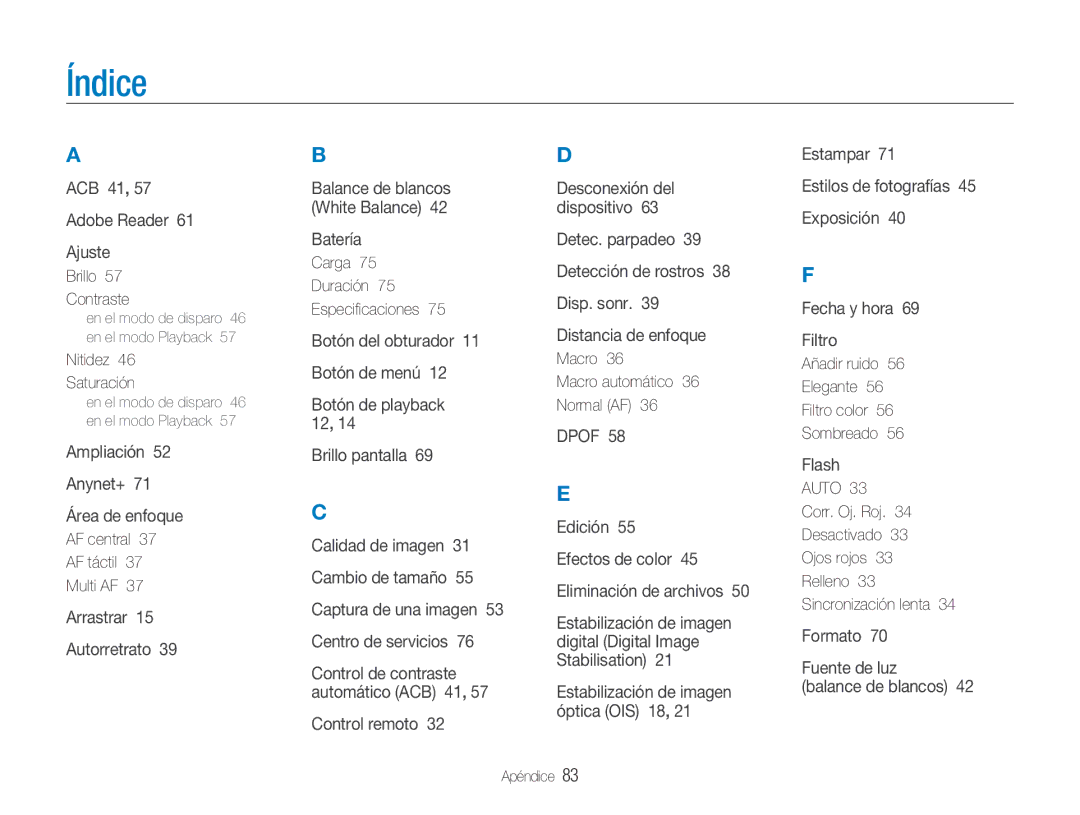 Samsung EC-NV100SBA/E1, EC-NV100SFB/E1, EC-NV100RBA/E1, EC-NV100BBA/E1 manual Índice, Auto 