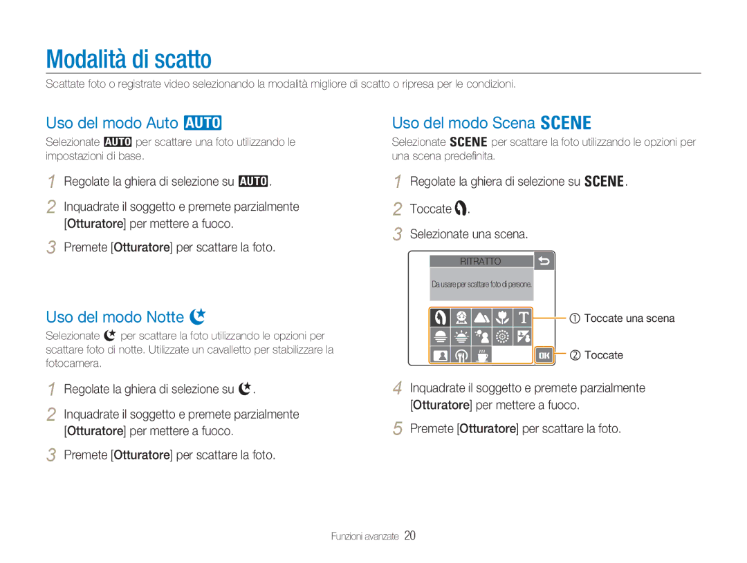 Samsung EC-NV100SFA/IT Modalità di scatto, Uso del modo Auto Uso del modo Scena, Uso del modo Notte, Funzioni avanzate 