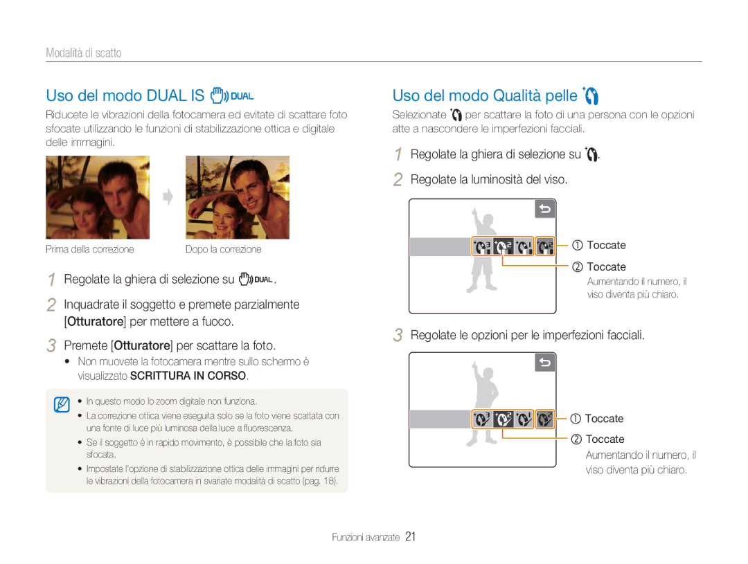 Samsung EC-NV100SBC/IT, EC-NV100SFA/IT manual Uso del modo Dual is 7, Uso del modo Qualità pelle, Modalità di scatto 