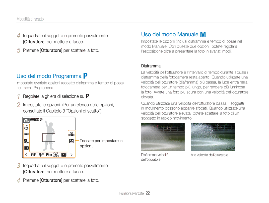 Samsung EC-NV100BBC/IT manual Uso del modo Programma, Uso del modo Manuale, Diaframma, Dell’otturatore Funzioni avanzate 