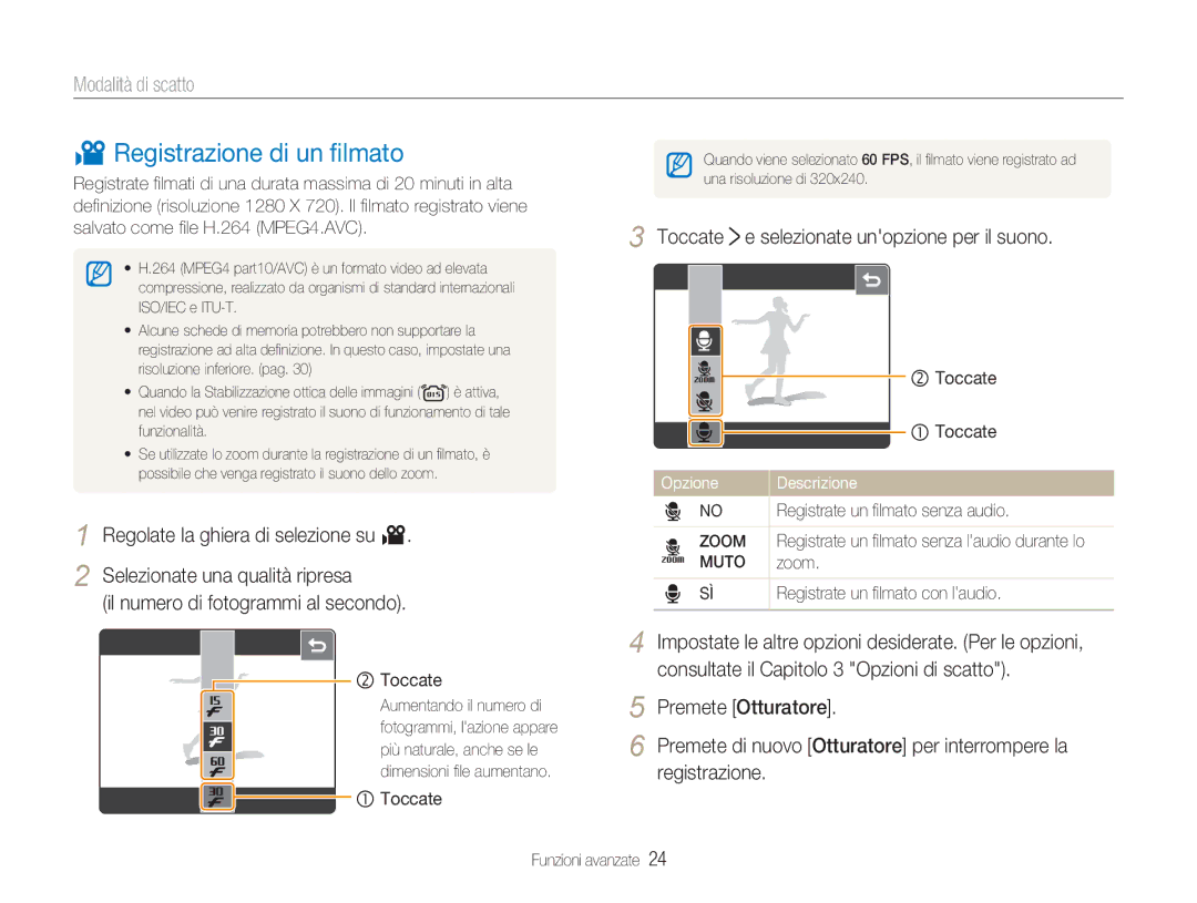 Samsung EC-NV100TBC/IT manual Registrazione di un ﬁlmato, Toccate e selezionate unopzione per il suono, Zoom, Muto 