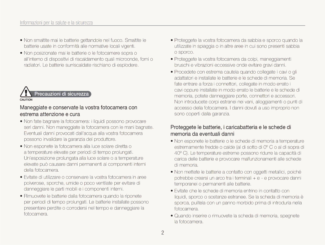 Samsung EC-NV100SBA/IT, EC-NV100SFA/IT, EC-NV100SBC/IT Informazioni per la salute e la sicurezza, Precauzioni di sicurezza 