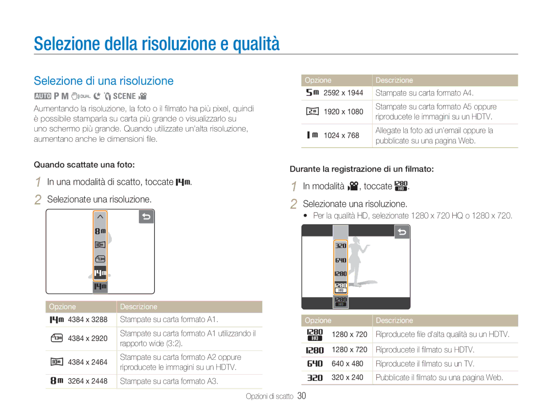 Samsung EC-NV100SBA/IT, EC-NV100SFA/IT, EC-NV100SBC/IT Selezione della risoluzione e qualità, Selezione di una risoluzione 