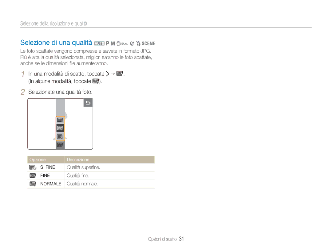 Samsung EC-NV100TBC/IT manual Selezione di una qualità 2 1 8 7 6 5, Selezione della risoluzione e qualità, Fine, Normale 