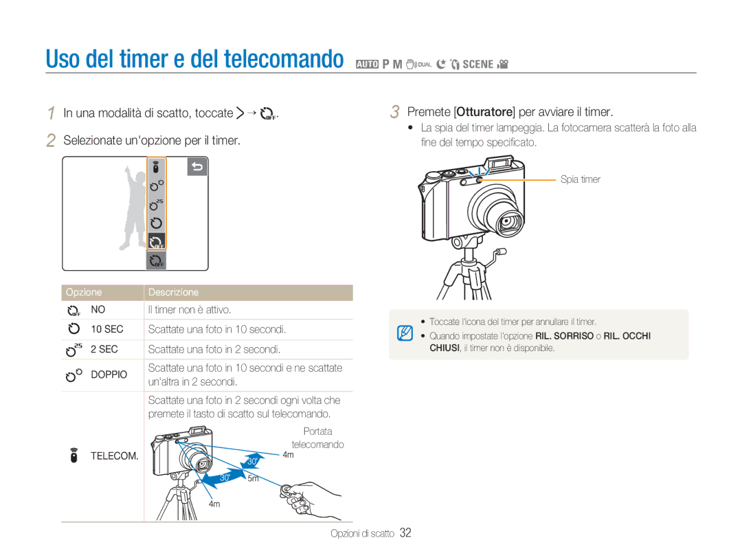 Samsung EC-NV100RBC/IT manual Uso del timer e del telecomando 2 1 8 7 6 5 4, ﬁne del tempo speciﬁcato, Sec, Doppio, Telecom 