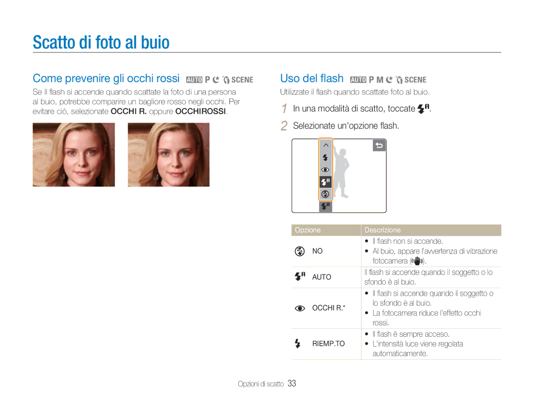 Samsung EC-NV100BBA/IT manual Scatto di foto al buio, Come prevenire gli occhi rossi 2 1 6 5, Uso del ﬂash 2 1 8 6 5 