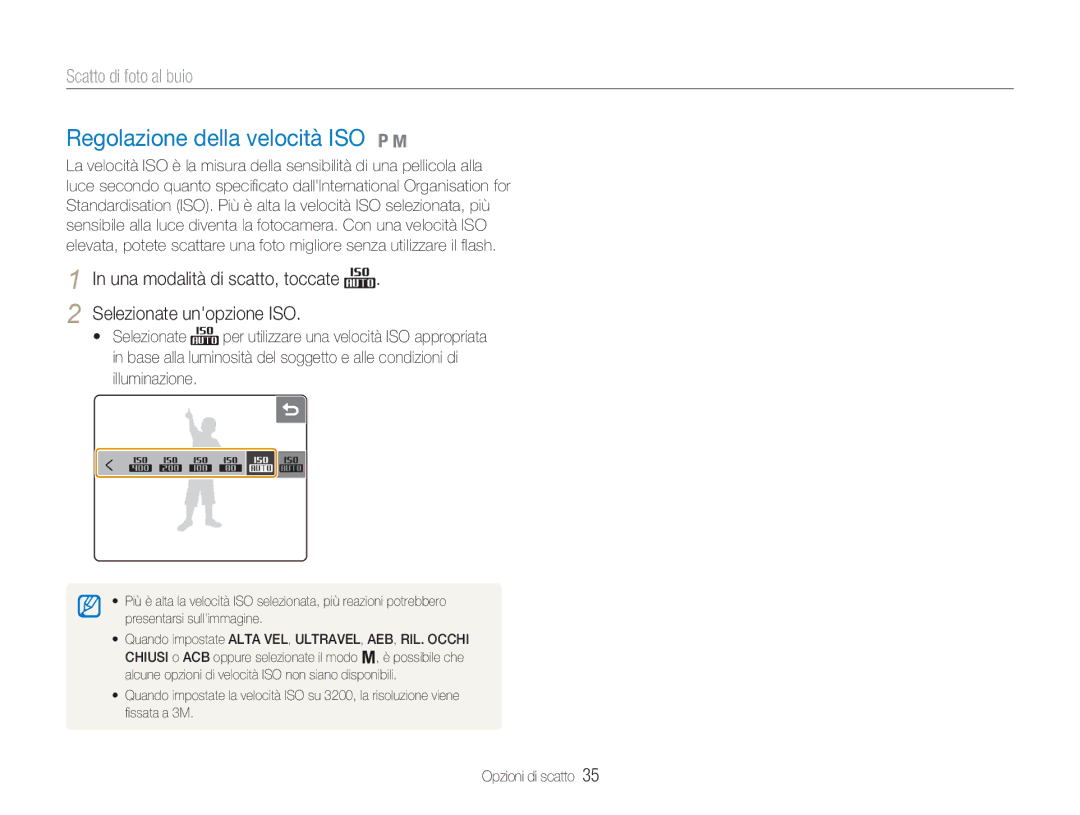 Samsung EC-NV100SBC/IT manual Regolazione della velocità ISO 1, Una modalità di scatto, toccate Selezionate unopzione ISO 
