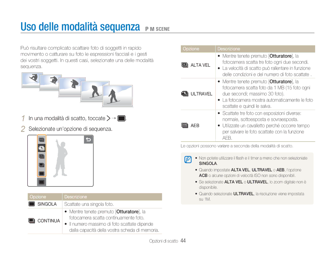 Samsung EC-NV100SBA/IT, EC-NV100SFA/IT, EC-NV100SBC/IT, EC-NV100BBC/IT Uso delle modalità sequenza 1 8, Singola, Alta VEL 