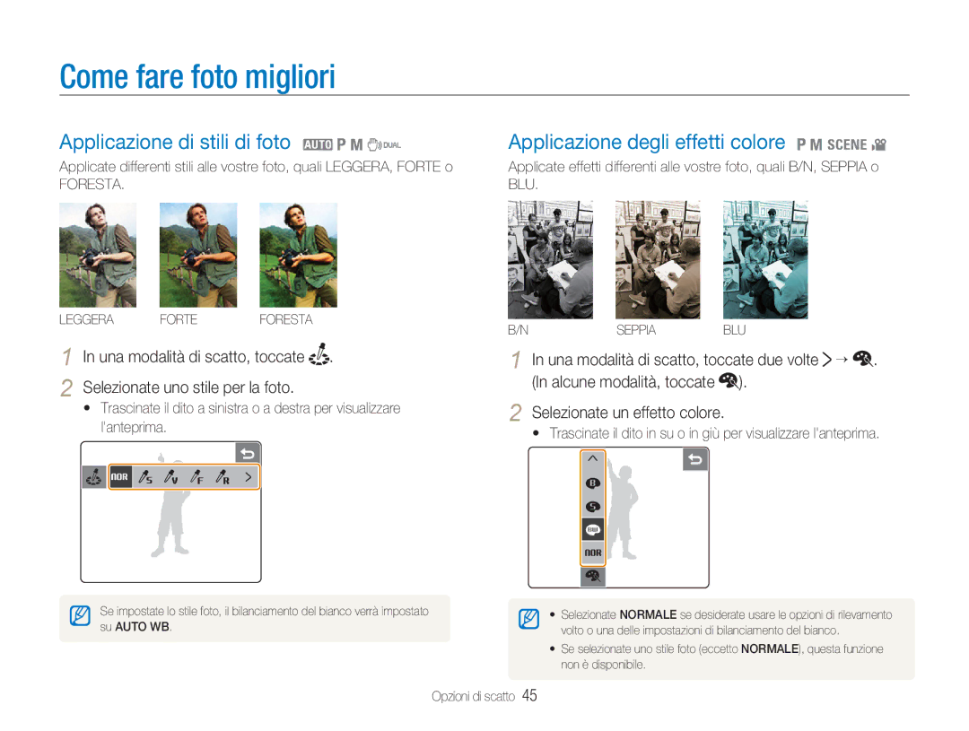 Samsung EC-NV100TBC/IT Come fare foto migliori, Una modalità di scatto, toccate due volte ¡, Selezionate un effetto colore 