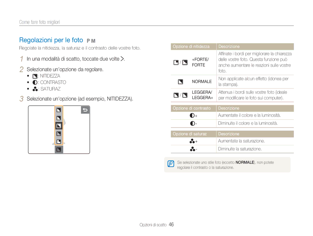 Samsung EC-NV100RBC/IT manual Regolazioni per le foto 1, Come fare foto migliori, Selezionate unopzione da regolare 