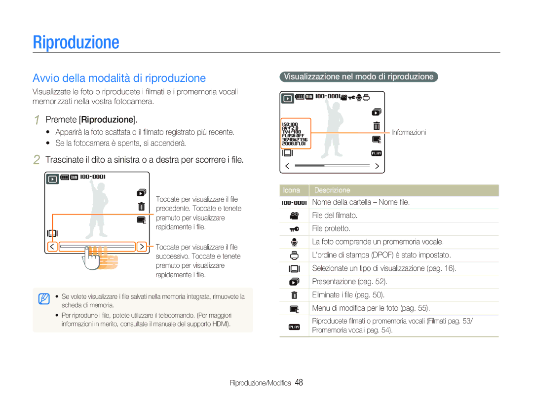 Samsung EC-NV100SFA/IT manual Riproduzione, Avvio della modalità di riproduzione, Visualizzazione nel modo di riproduzione 