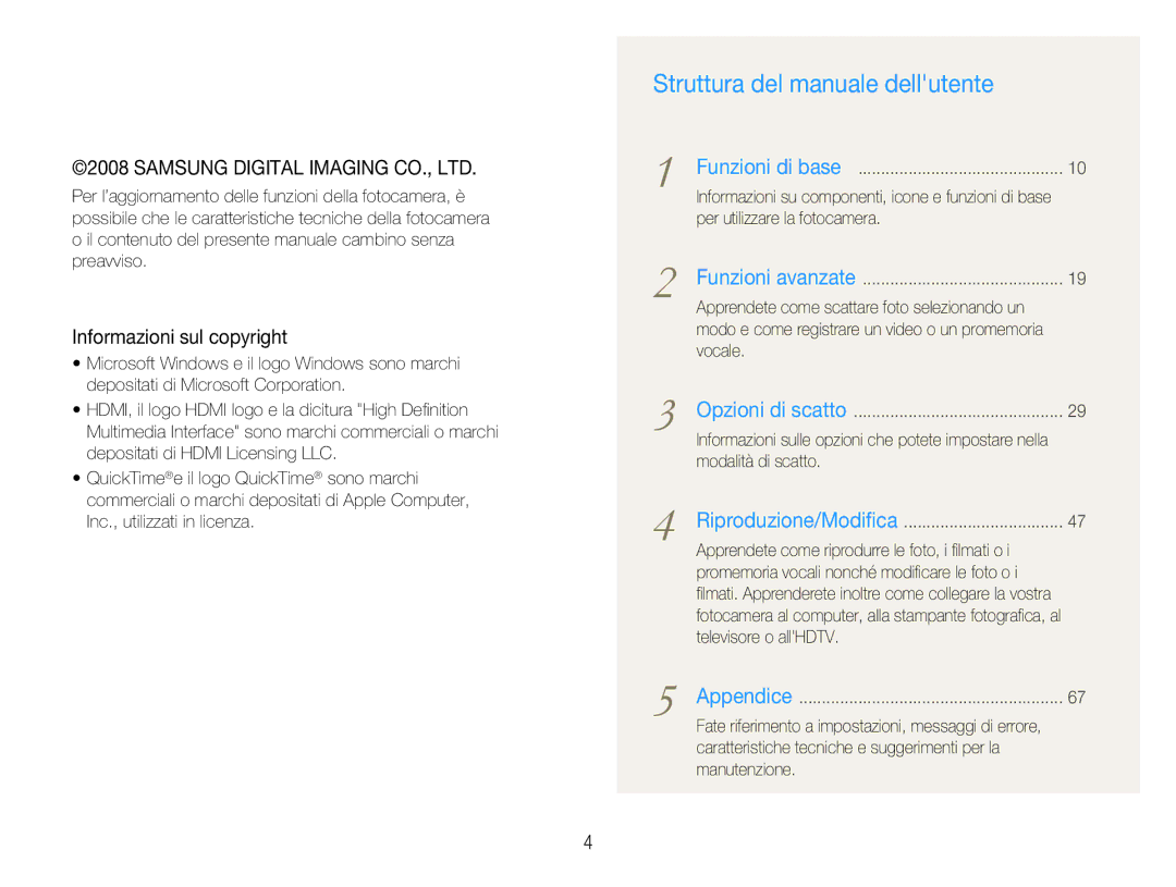 Samsung EC-NV100RBC/IT, EC-NV100SFA/IT, EC-NV100SBC/IT, EC-NV100BBC/IT, EC-NV100SBA/IT Struttura del manuale dellutente 