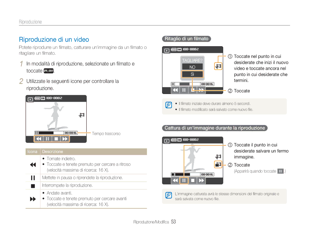 Samsung EC-NV100RBC/IT Riproduzione di un video, Ritaglio di un ﬁlmato, Cattura di unimmagine durante la riproduzione 