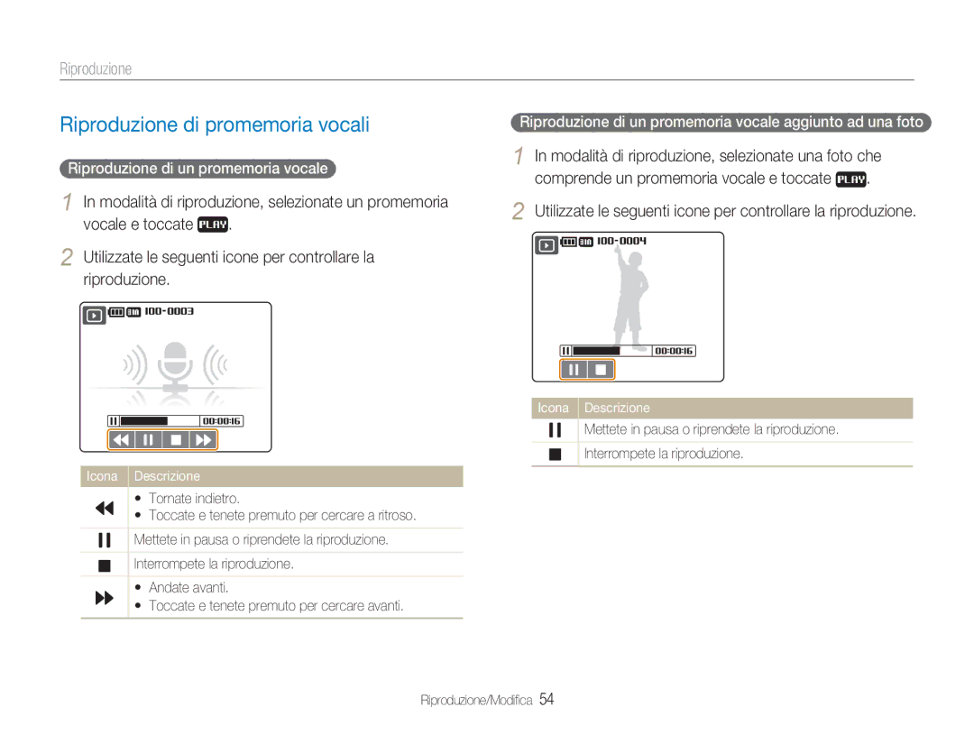 Samsung EC-NV100BBA/IT manual Riproduzione di promemoria vocali, Modalità di riproduzione, selezionate una foto che 