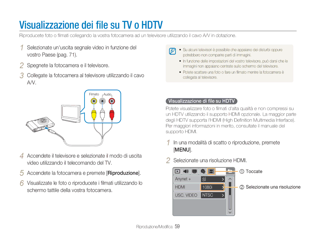 Samsung EC-NV100TBC/IT manual Visualizzazione dei ﬁle su TV o Hdtv, Visualizzazione di ﬁle su Hdtv, Anynet + Toccate, Hdmi 