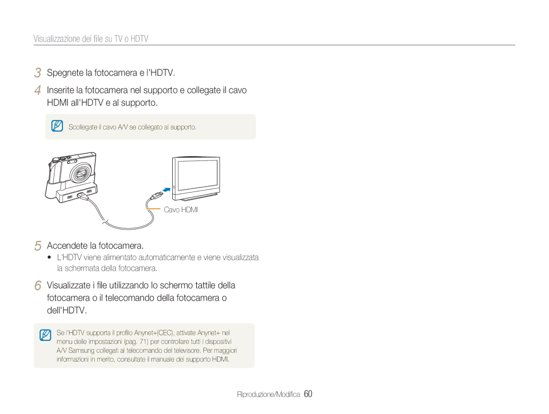 Samsung EC-NV100RBC/IT, EC-NV100SFA/IT manual Visualizzazione dei ﬁle su TV o Hdtv, Accendete la fotocamera, Cavo Hdmi 