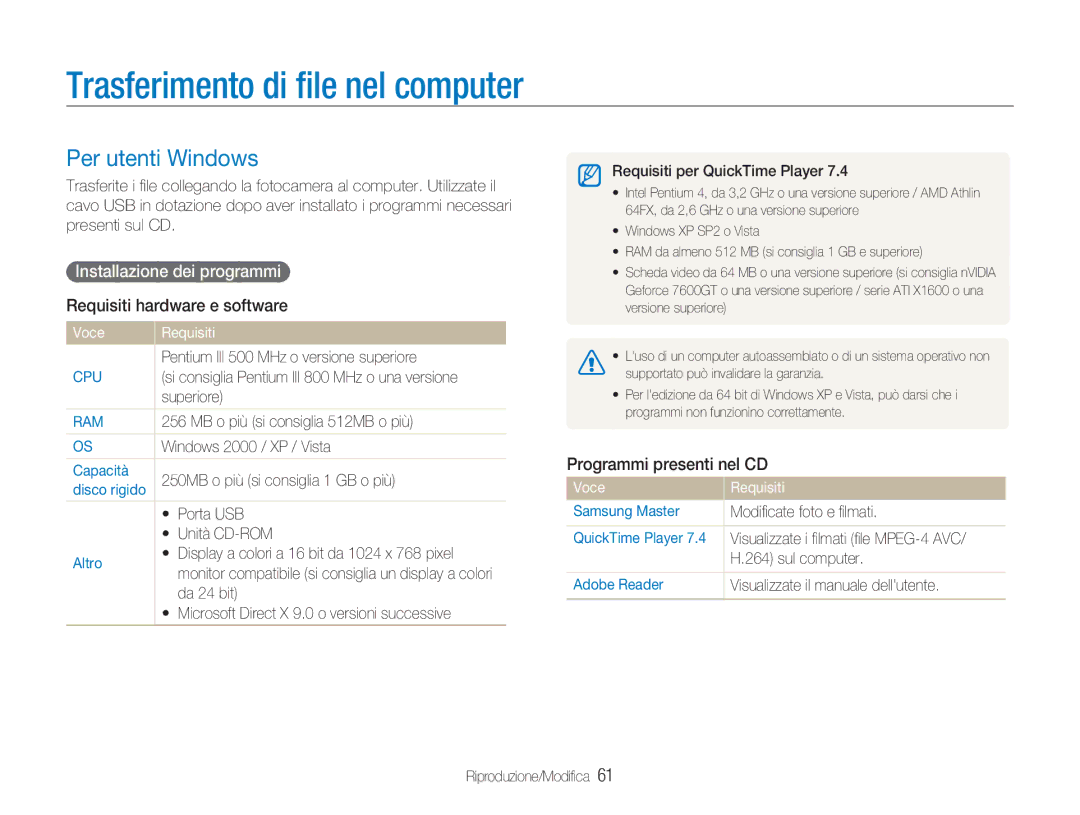 Samsung EC-NV100BBA/IT, EC-NV100SFA/IT Trasferimento di ﬁle nel computer, Per utenti Windows, Installazione dei programmi 