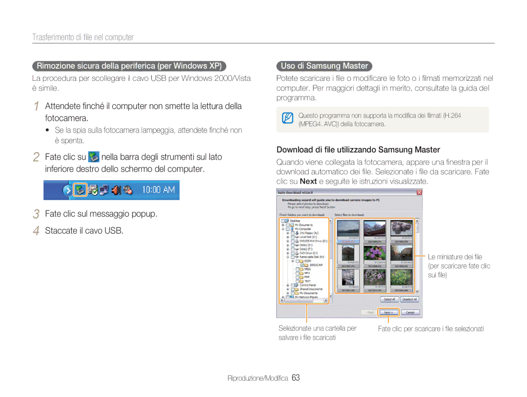 Samsung EC-NV100SBC/IT, EC-NV100SFA/IT manual Fate clic sul messaggio popup Staccate il cavo USB, Uso di Samsung Master 