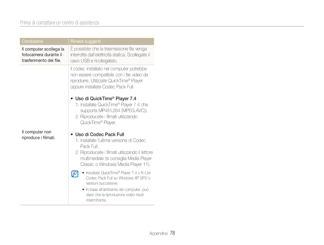 Samsung EC-NV100BBC/IT manual Cavo USB e ricollegatelo, Oppure installate Codec Pack Full, Uso di QuickTime Player 