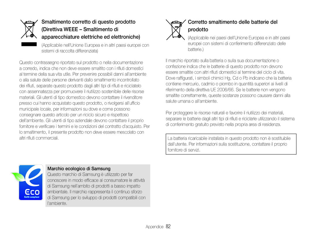 Samsung EC-NV100BBA/IT, EC-NV100SFA/IT, EC-NV100SBC/IT, EC-NV100BBC/IT manual Corretto smaltimento delle batterie del prodotto 