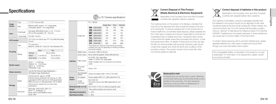 Samsung EC-NV100RBC/IT manual Speciﬁcations, Correct disposal of batteries in this product, EN-18 EN-19, Samsung Eco-mark 