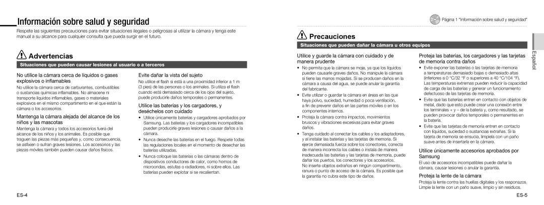 Samsung EC-NV100SBA/E1 Información sobre salud y seguridad, Utilice y guarde la cámara con cuidado y de manera prudente 