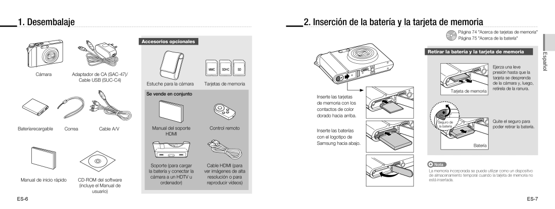 Samsung EC-NV100SFB/E1, EC-NV100TBA/FR Desembalaje Inserción de la batería y la tarjeta de memoria, Accesorios opcionales 