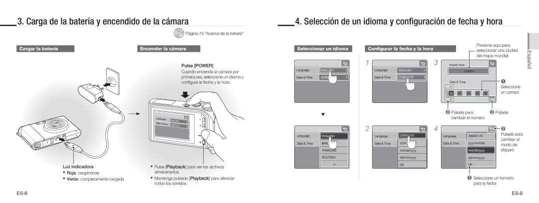 Samsung EC-NV100RBA/E1 Carga de la batería y encendido de la cámara, Selección de un idioma y conﬁguración de fecha y hora 