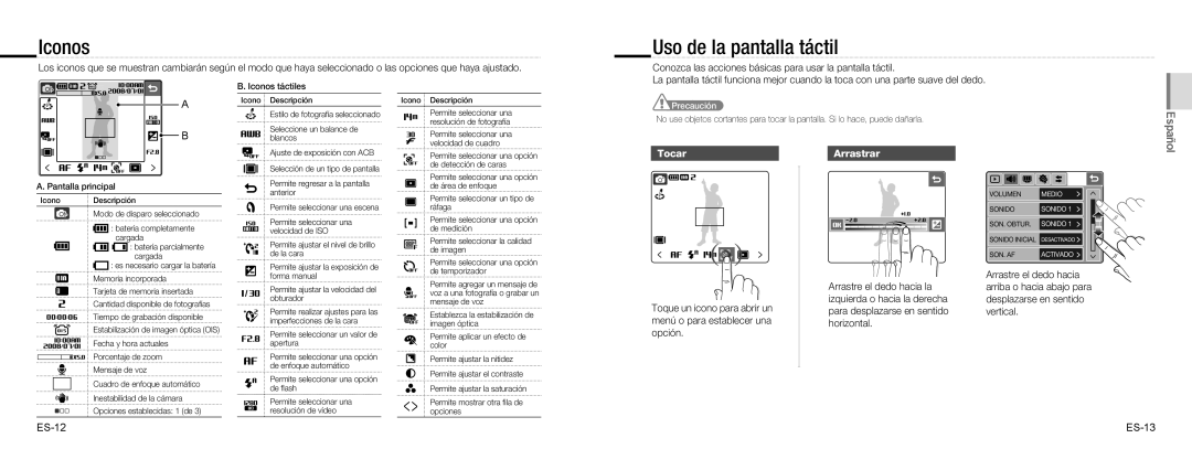 Samsung EC-NV100BBA/VN Iconos, Uso de la pantalla táctil, Conozca las acciones básicas para usar la pantalla táctil, Tocar 