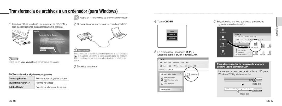 Samsung EC-NV100TBA/E3, EC-NV100TBA/FR Transferencia de archivos a un ordenador para Windows, Toque Orden, ES-16 ES-17 