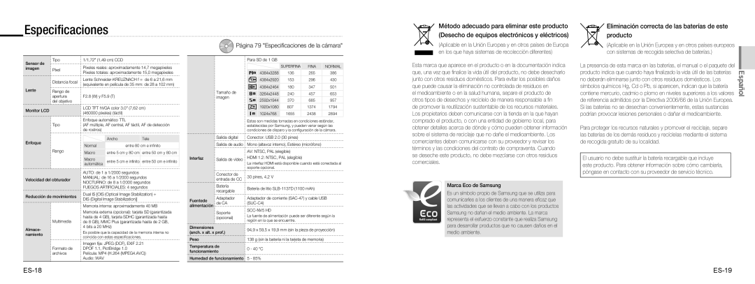 Samsung EC-NV100RBA/E3, EC-NV100TBA/FR Especiﬁcaciones, Eliminación correcta de las baterías de este producto, ES-18 ES-19 