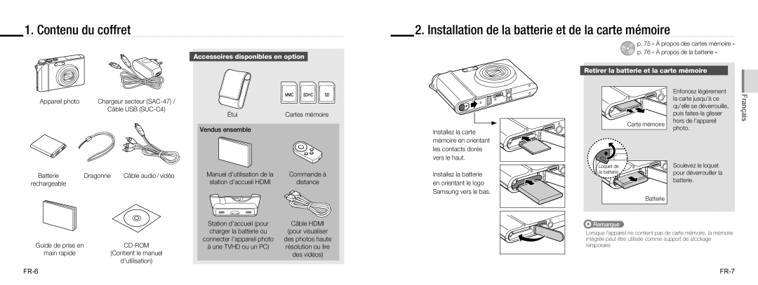 Samsung EC-NV100BBB/E3, EC-NV100TBA/FR manual Contenu du coffret, Installation de la batterie et de la carte mémoire 