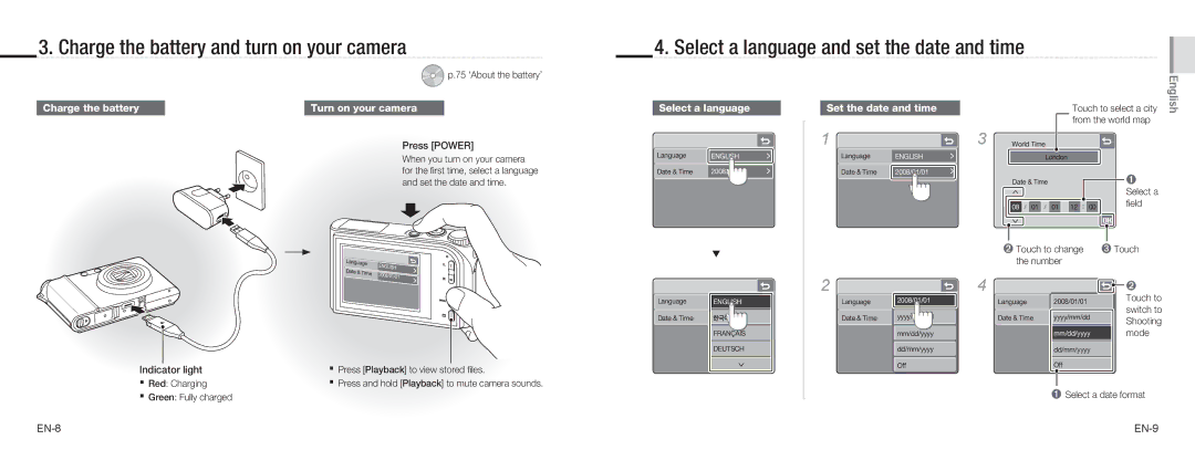 Samsung EC-NV100SFA/IT, EC-NV100TBA/FR, EC-NV100SBA/FR manual Charge the battery, Select a language, Set the date and time 