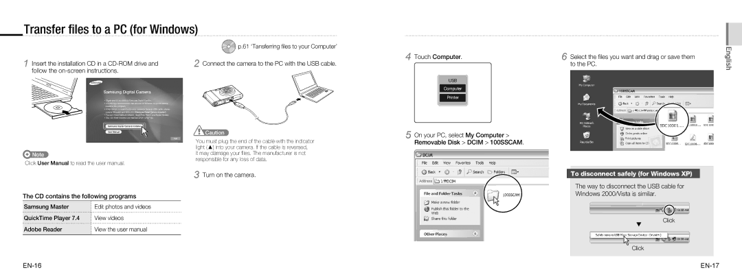 Samsung EC-NV100TBC/IT, EC-NV100TBA/FR manual Transfer ﬁles to a PC for Windows, To disconnect safely for Windows XP 