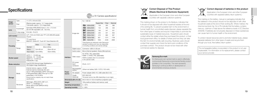 Samsung EC-NV100RBC/IT manual Speciﬁcations, Correct disposal of batteries in this product, 79 ‘Camera speciﬁcations’ 