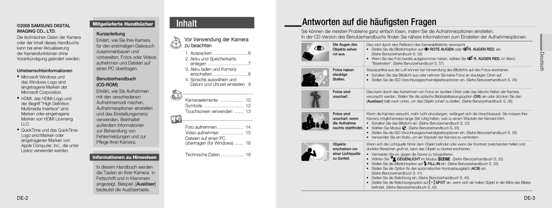 Samsung EC-NV100BBA/IT Antworten auf die häuﬁgsten Fragen, Vor Verwendung der Kamera zu beachten, Mitgelieferte Handbücher 