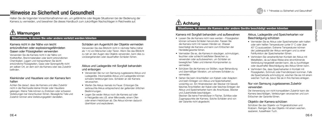 Samsung EC-NV100SBA/E1, EC-NV100TBA/FR, EC-NV100SBA/FR, EC-NV100SFB/FR, EC-NV100RBA/FR Hinweise zu Sicherheit und Gesundheit 