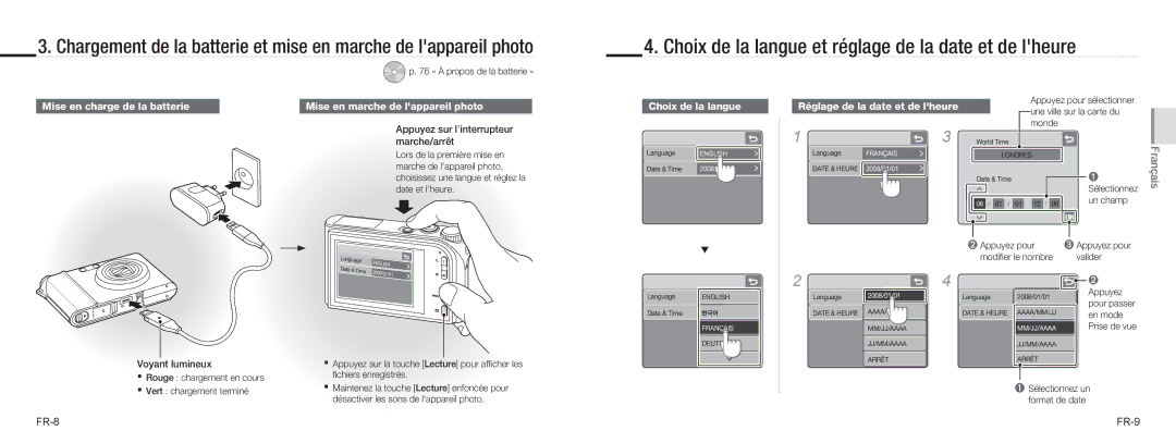 Samsung EC-NV100BBB/E2 manual Choix de la langue et réglage de la date et de lheure, Mise en charge de la batterie 