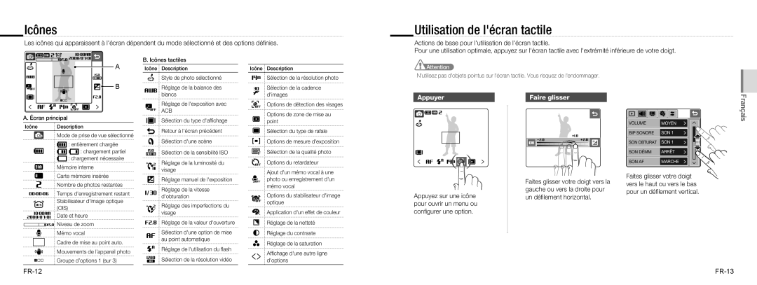 Samsung EC-NV100SBB/E2, EC-NV100TBA/FR manual Icônes, Utilisation de lécran tactile, Appuyer, Faire glisser, FR-12 FR-13 