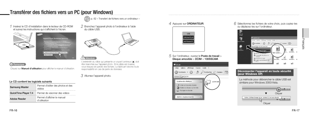 Samsung EC-NV100RBB/E2, EC-NV100TBA/FR, EC-NV100SBA/FR manual Transférer des ﬁchiers vers un PC pour Windows, FR-16 FR-17 